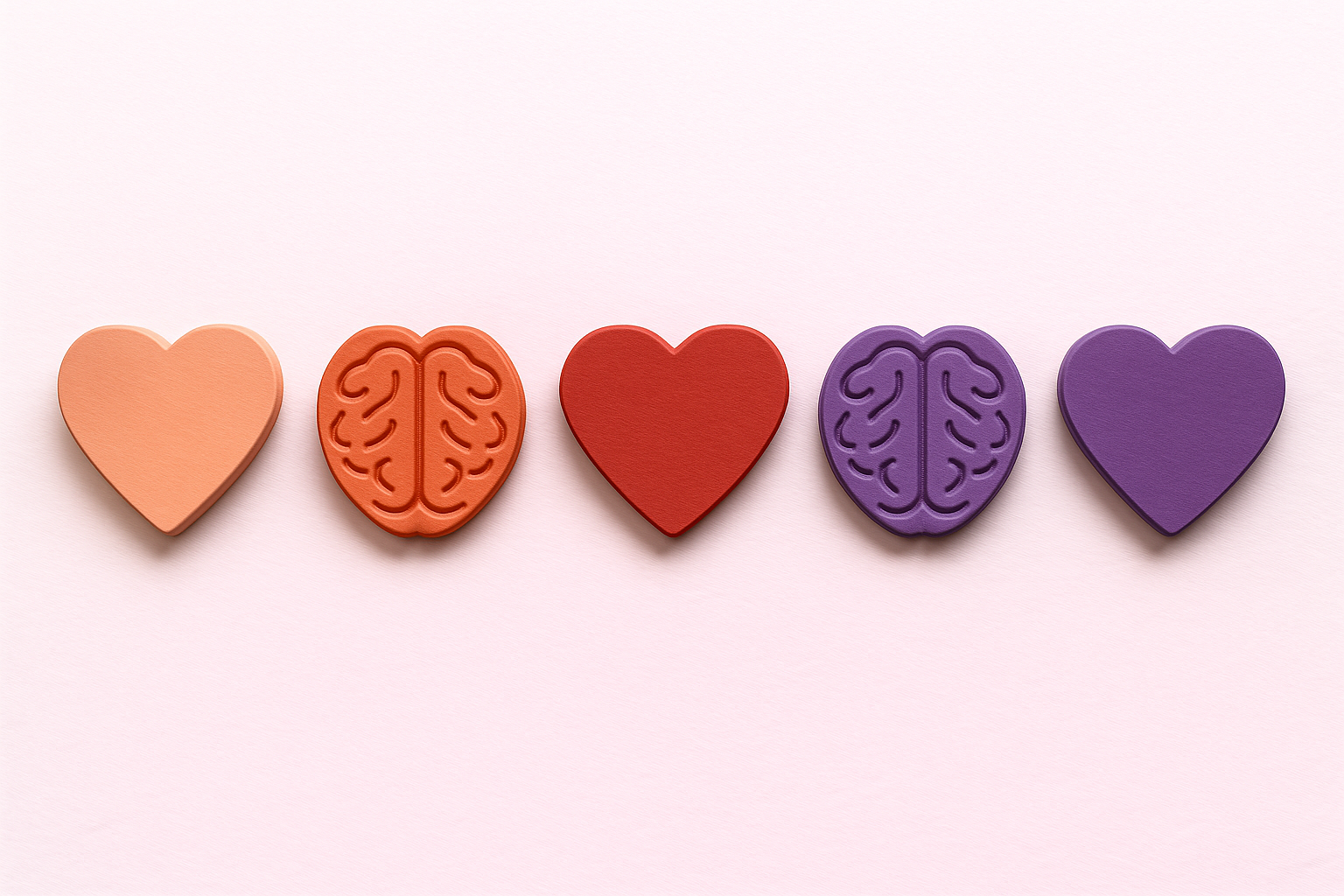 Emotional Intelligence visual: five flat glossy shapes showing the five EQ areas, alternating hearts and brains in colours for Self Awareness, Self Regulation, Motivation, Social Awareness, and Social Regulation